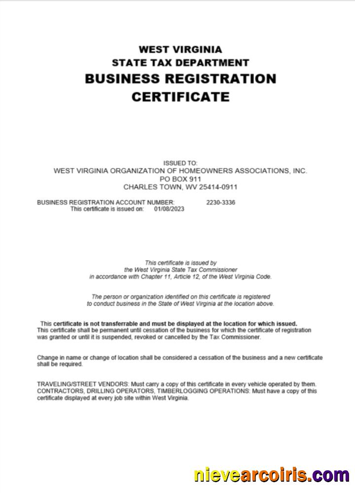 USA West Virginia certificate of company registration